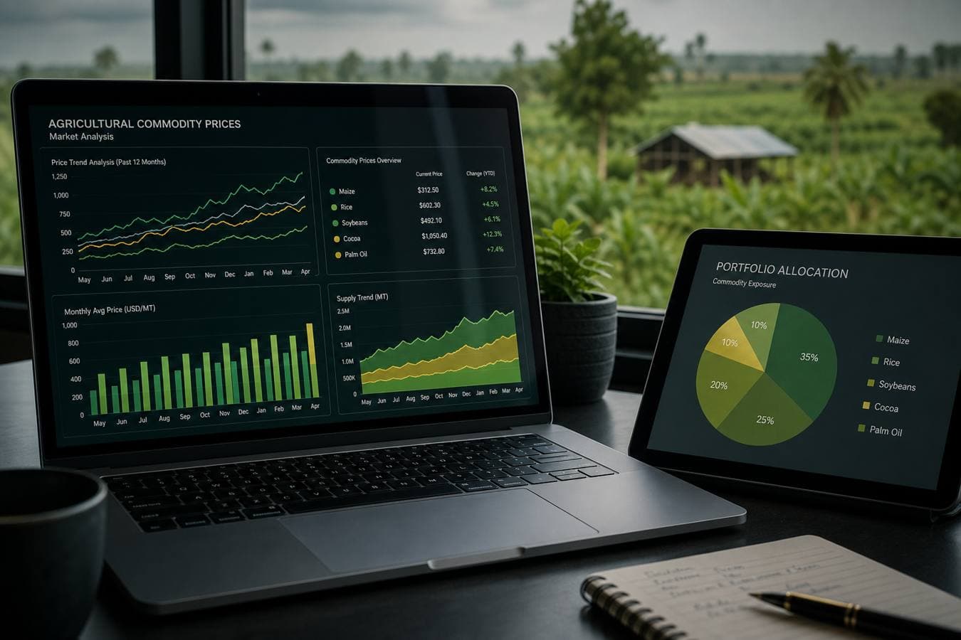 Portfolio charts on a desk